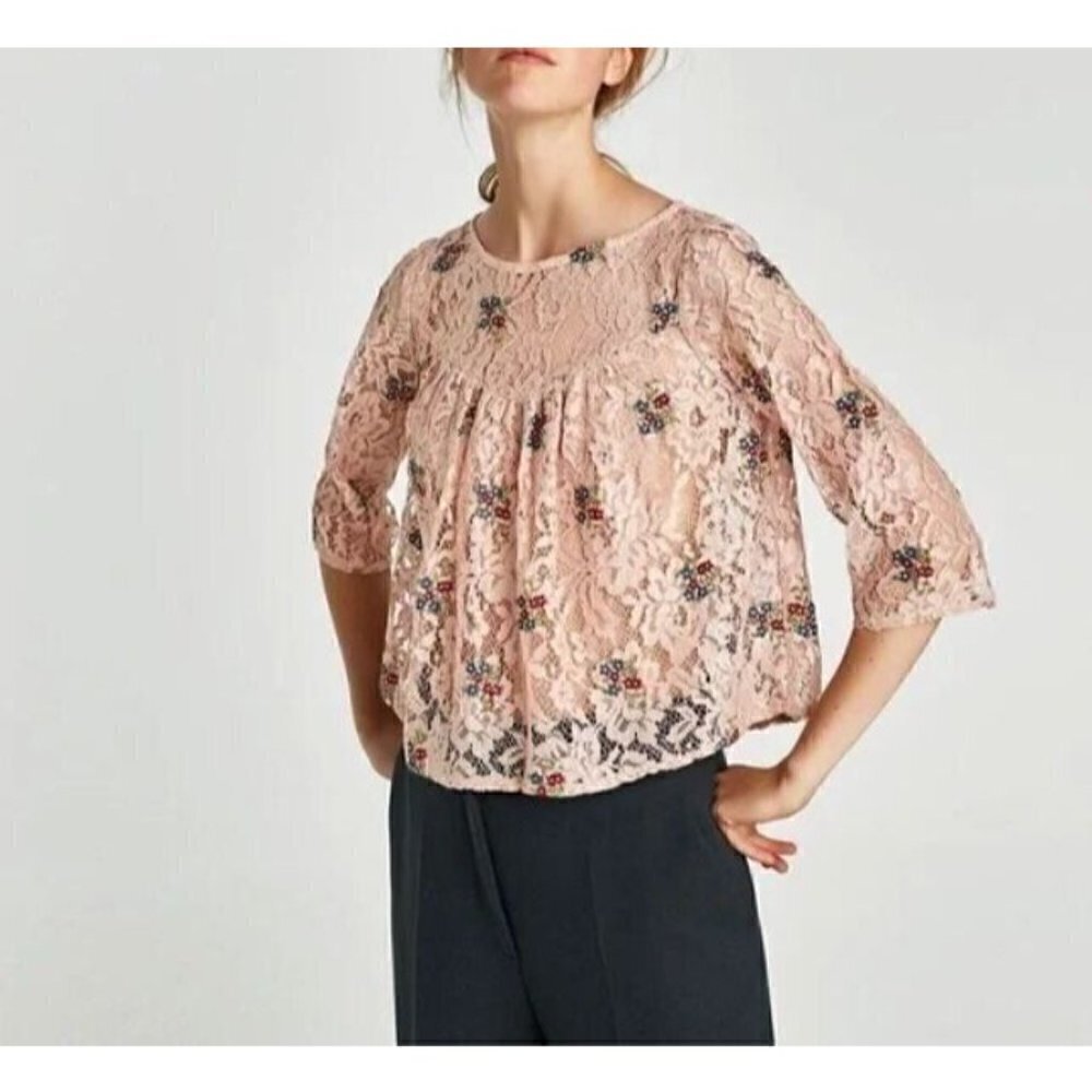 Zara Top Womens Small Lace Floral Embroidered Crop Pleated Lace Pink Boho